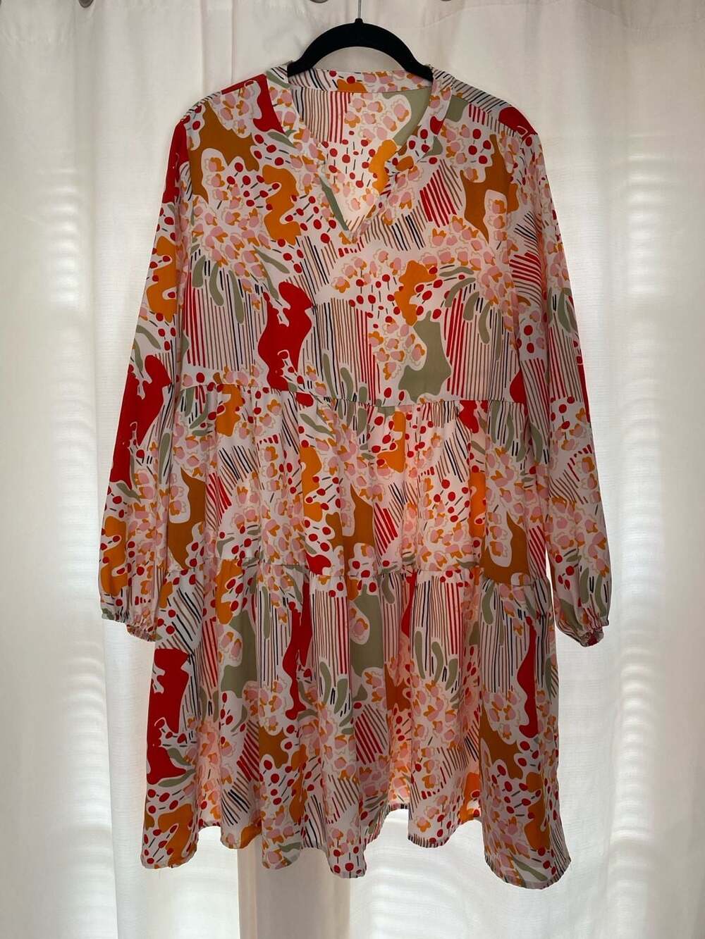Abstract Geometric Floral Print Tiered V-Neck Smock Dress
